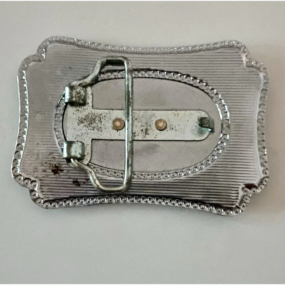 Vintage Western Belt Buckle Covered Wagon Old West USA Silvertone 80s